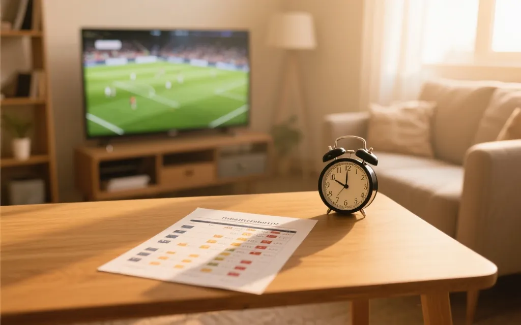 北京时区球迷在清晨观看世界杯直播的居家观赛场景，桌上有赛程表与闹钟